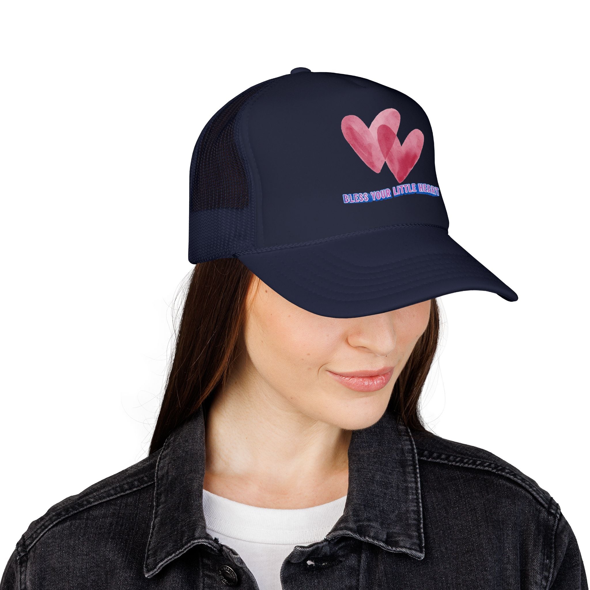 Trucker Hat - 'Bless Your Little Heart' Pink Watercolor Hearts