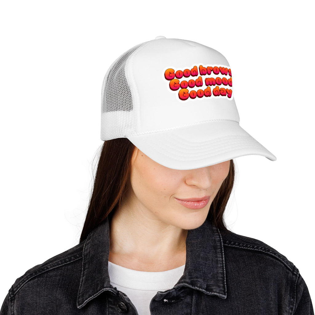 Trucker Hat — "Good Brows Good Mood Good Day" Retro Patch Cap