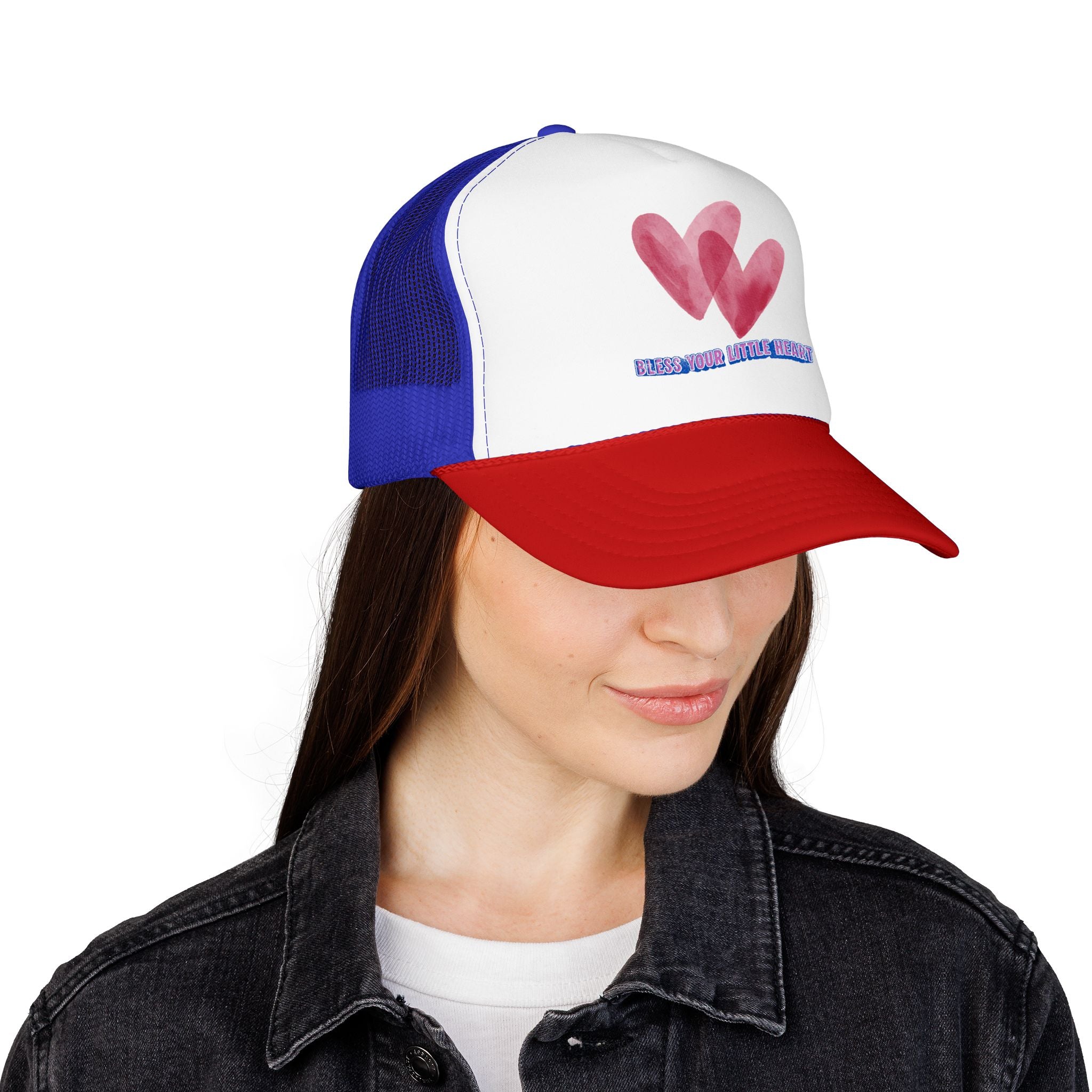 Trucker Hat - 'Bless Your Little Heart' Pink Watercolor Hearts