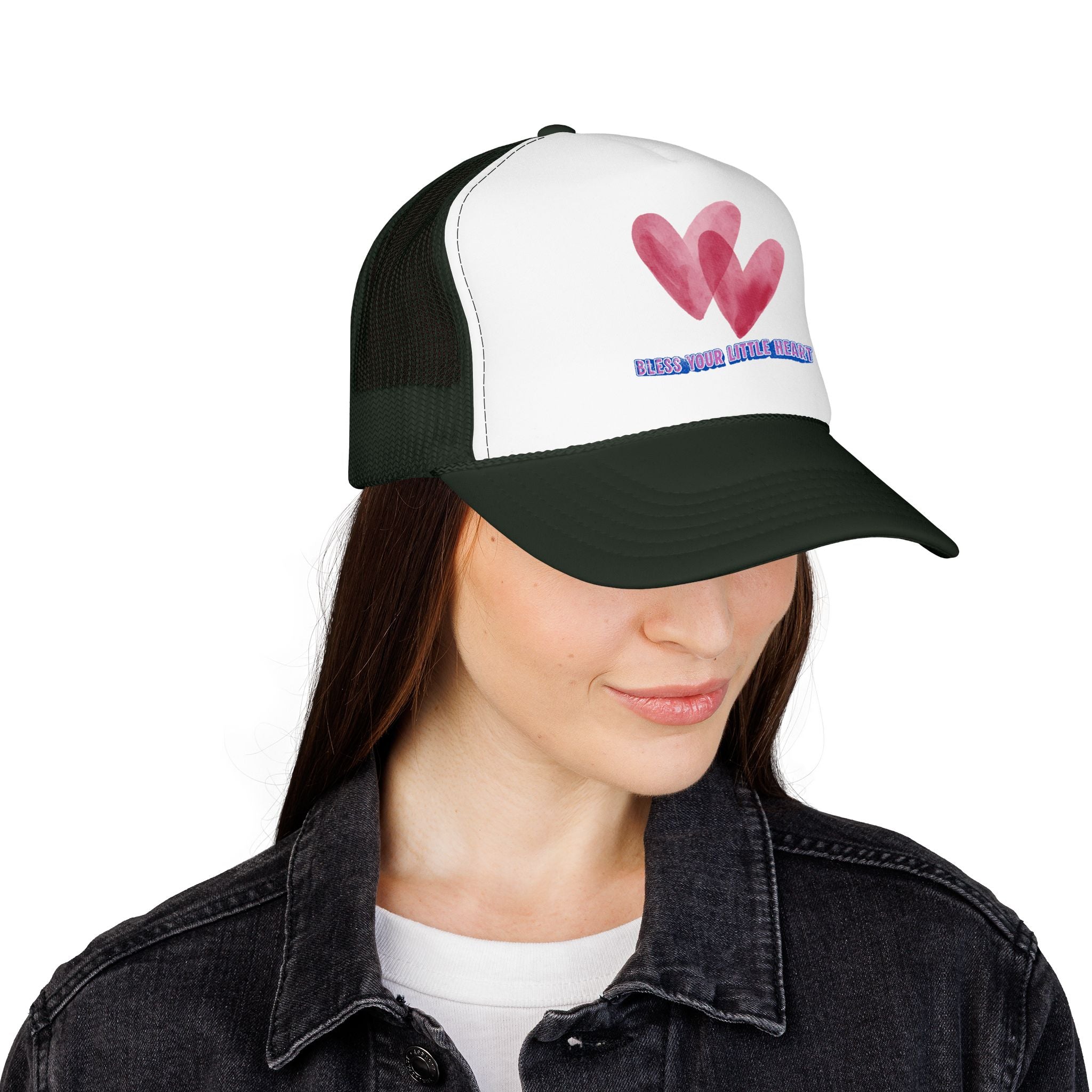 Trucker Hat - 'Bless Your Little Heart' Pink Watercolor Hearts
