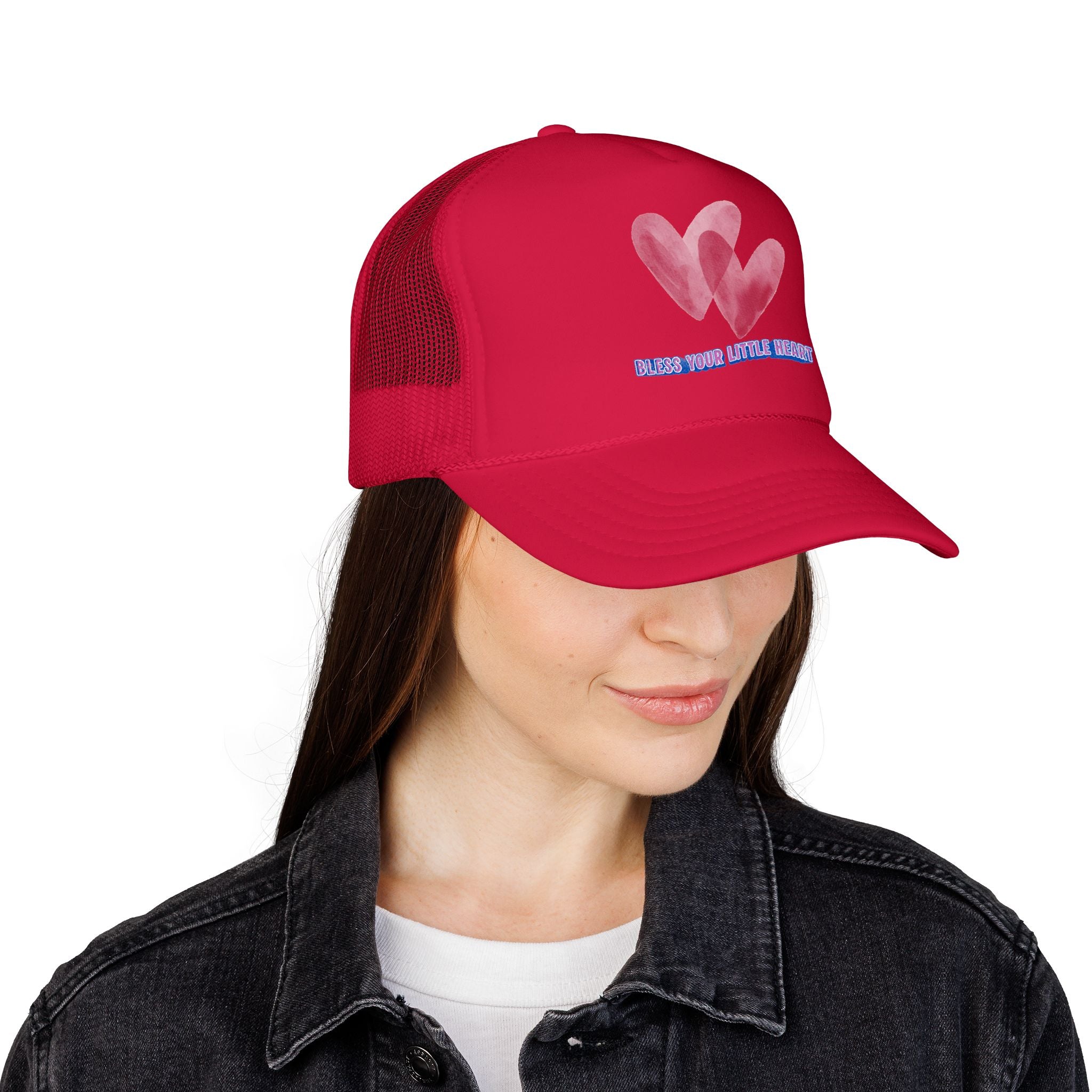Trucker Hat - 'Bless Your Little Heart' Pink Watercolor Hearts